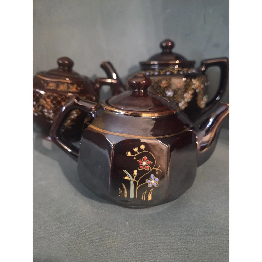 Vtg Brown Betty Redware Teapot Moriage Enamel Hand Painted Japan Set Of 4